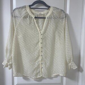 MINE Medium Ivory Blouse V-Neck Ruffle Cuff NWOT